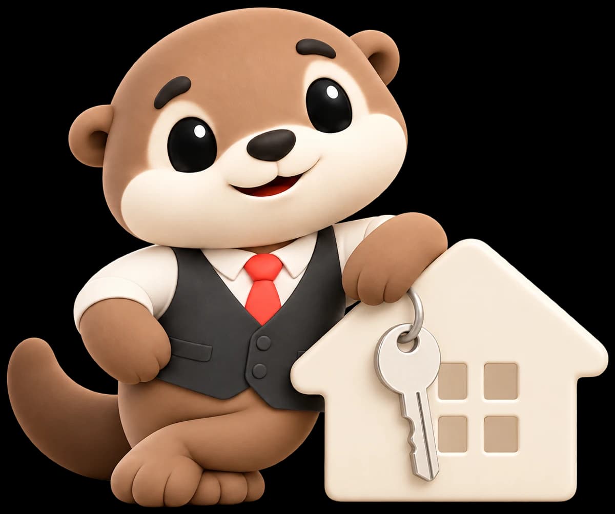 Your otter, in a charcoal vest and coral tie, leaning on a little house with a key.